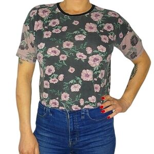 Asos Black Floral Short Sleeve Top Size 8 Stretch